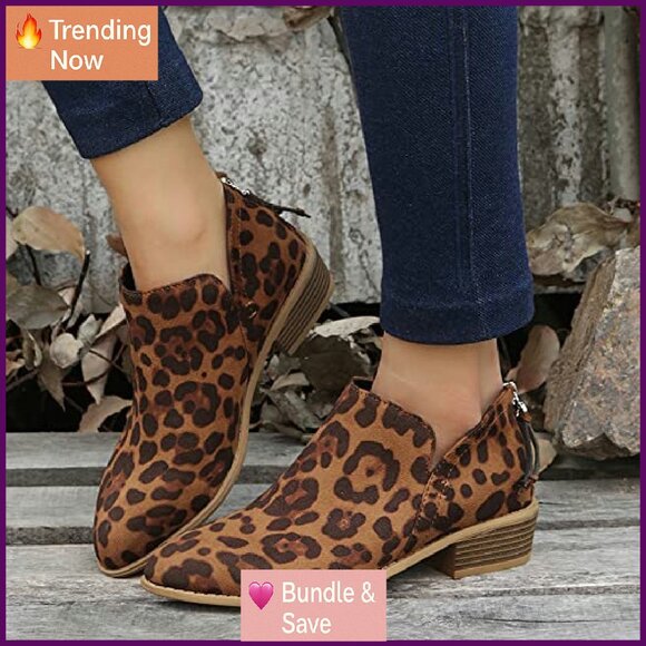 Women's Ankle Booties Low Heel V-Cut Chunky Block Stacked Heel Shoes - Picture 5 of 8